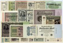 DEUTSCHES REICH BIS 1945, Reichsbanknoten und Reichskassenscheine, 500 Mark 7.7.1922 (III), 100 Mark 4.8.1922 (I), 1.000 Mark 15.9.1922 (III), 50.000 ...