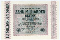 DEUTSCHES REICH BIS 1945, Geldscheine der Inflation, 1919-1924, 10 Milliarden Mark 01.10.1923, Wz.Hakensterne, KN 6-stellig rot(verblichen), FZ.NF.
I...