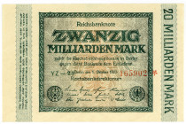 DEUTSCHES REICH BIS 1945, Geldscheine der Inflation, 1919-1924, 20 Milliarden Mark 01.10.1923, KN 6-stellig rot, FZ.YZ grün, Wz.Hakensterne.
I
Ros.1...