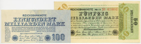 DEUTSCHES REICH BIS 1945, Geldscheine der Inflation, 1919-1924, 50 Milliarden Mark 10.10.1923; 100 Milliarden Mark 26.10.1923.
2 Stk., I
Ros.116; 12...