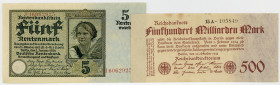 DEUTSCHES REICH BIS 1945, Geldscheine der Inflation, 1919-1924, 500 Milliarden Mark 26.10.1923, Firmendruck A (l.fleckig, II-III). DAZU:5 Rentenmark 0...