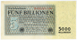 DEUTSCHES REICH BIS 1945, Geldscheine der Inflation, 1919-1924, 5 Billionen Mark 01.11.1923, Reichsdruck, KN 8-stellig, Serie D, Wz.Distelstreifen.
I...