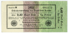 DEUTSCHES REICH BIS 1945, Wertbeständiges Notgeld, 1923, 0,42 Mark Gold =1/10 Dollar 26.10.1923. Buchstabe M.
III
Ros.142a; Grab.WBN-12a