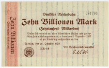 DEUTSCHES REICH BIS 1945, Staatliche Notausgaben der Deutschen Reichsbahn, 1923-1924, 10 Billionen Mark 27.10.1923.
I
Ros.-; Grab.RVM-17