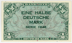 BUNDESREPUBLIK DEUTSCHLAND AB 1948, Noten der Bank Deutscher Länder, 1948-1949, 1/2 Deutsche Mark 1948.
I
Ros.230; Grab.WBZ-1