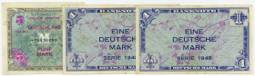 BUNDESREPUBLIK DEUTSCHLAND AB 1948, Noten der Bank Deutscher Länder, 1948-1949, 2x 1 Deutsche Mark 1948; Alliierte Militärbehörde, 5 Mark 1944. 3 Sche...