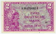 BUNDESREPUBLIK DEUTSCHLAND AB 1948, Noten der Bank Deutscher Länder, 1948-1949, 2 Deutsche Mark 1948, Serie A/A.
I
Ros.234a; Grab.WBZ-3a