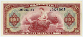 BUNDESREPUBLIK DEUTSCHLAND AB 1948, Noten der Bank Deutscher Länder, 1948-1949, 100 Deutsche Mark 1948, L/B, Roter Hunderter.
I
Ros.244; Grab.WBZ-8