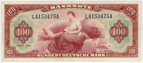 BUNDESREPUBLIK DEUTSCHLAND AB 1948, Noten der Bank Deutscher Länder, 1948-1949, 100 Deutsche Mark 1948, Roter Hunderter, Serie A.
III
Ros.244; Grab....