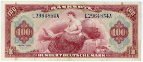 BUNDESREPUBLIK DEUTSCHLAND AB 1948, Noten der Bank Deutscher Länder, 1948-1949, 100 Deutsche Mark 1948, Roter Hunderter, Serie A.
IV
Ros.244; Grab.W...