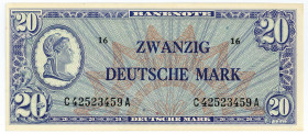 BUNDESREPUBLIK DEUTSCHLAND AB 1948, Noten der Bank Deutscher Länder, 1948-1949, 20 Deutsche Mark o.D (1948), Liberty, C/A.
I-II
Ros.246; Grab.WBZ-9