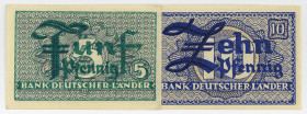 BUNDESREPUBLIK DEUTSCHLAND AB 1948, Noten der Bank Deutscher Länder, 1948-1949, 5; 10 Pfennig o.D. (20.08.1948).
2 Stk., I
Ros.250a; 251a; Grab.WBZ-...