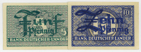 BUNDESREPUBLIK DEUTSCHLAND AB 1948, Noten der Bank Deutscher Länder, 1948-1949, 5; 10 Pfennig o.D.(20.08.1948).
2 Stk., I
Ros.250b; 251a; Grab.WBZ-1...