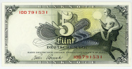 BUNDESREPUBLIK DEUTSCHLAND AB 1948, Noten der Bank Deutscher Länder, 1948-1949, 5 Deutsche Mark 9.12.1948, 2-stellige Serienziffer 10D vor KN.
I
Ros...