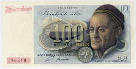 BUNDESREPUBLIK DEUTSCHLAND AB 1948, Noten der Bank Deutscher Länder, 1948-1949, 100 Deutsche Mark 09.12.1948, 2-stellige Blockziffer.
I-
Ros.252c; 2...