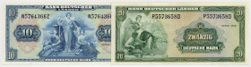 BUNDESREPUBLIK DEUTSCHLAND AB 1948, Noten der Bank Deutscher Länder, 1948-1949, 10 Deutsche Mark 22.8.1949(I); 20 Deutsche Mark 22.8.1949 (III+).
I/I...