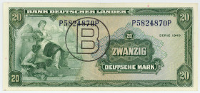 BUNDESREPUBLIK DEUTSCHLAND AB 1948, Noten der Bank Deutscher Länder, 1948-1949, 20 Deutsche Mark 22.8.1949, mit B-Stempel.
II
Ros.261; Grab.WBZ-27