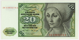 BUNDESREPUBLIK DEUTSCHLAND AB 1948, Noten der Deutschen Bundesbank, 1960-1999, 20 Deutsche Mark 02.01.1970, ZG/A Austauschnote.
I
Ros.271c; Grab.BRD...