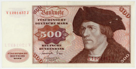 BUNDESREPUBLIK DEUTSCHLAND AB 1948, Noten der Deutschen Bundesbank, 1960-1999, 500 Deutsche Mark 01.06.1977, V/J.
I-
Ros.279a; Grab.BRD-23a