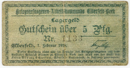 GEFANGENENLAGER, Elberfeld, Arbeitskommando Elberfeld-Beek, Firma Döring & Hartog. 5 Pfennig 1.2.1918, Druck grün auf Kartonpapier. Ausgabe bisher unb...