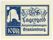 GEFANGENENLAGER, Oranienburg, Konzentrationslager. 10 Pfennig o.D.(1933), Lagergeld. Vermutlich Musterlochung.
I
Grab.Or2a