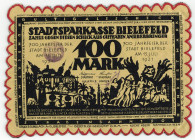 NOTGELD BESONDERER ART, Bielefeld, 100 Mark 15.07.1921, Rs.Kurbelstrickerei, äußerer Zackenrand, Wertbezeichnung und Schriftzug orange. Mit Hand-Unter...