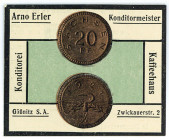 BRIEFMARKENNOTGELD, Gössnitz, Arno Erler Konditormeister. 20 Pfennig o.D., Marke fehlt.
I
