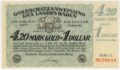 LÄNDERSCHEINE, Baden, Badische Staatsschuldenverwaltung. 4,20 Mark Gold =1 Dollar 28.10.1923.
I-
Mü.24 2725.6