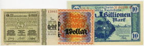 LÄNDERSCHEINE , KARLSRUHE, REICHSBAHN, 10 Billionen Mark 15.10.1923; STAATLICHE BERG- UND HÜTTENWERKE HARZGEBIET, 0,42 Mark Gold = 1/10 Dollar 1.11.19...