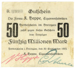BADEN, Herbolzheim, S.Heppe Cigarrenfabrik. 50 Millionen Mark 20.09.1923, gedruckt auf Rs. von Rechnung.
III
Keller -; Rupertus 101.4