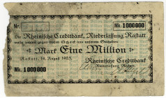 BADEN, Rastatt, Creditbank. 1 Million Mark 14.08.1923. SEHR SELTEN ! Rand ausgerissen und Papier verschmutzt.
IV-
Ke.4428a