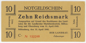 BAYERN, Miltenberg, Landkreis. 10 Reichsmark 15.04.1945, Wz.Treppenmuster.
I
Schö.0113b