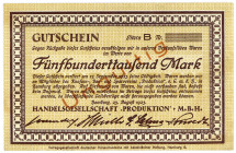 HAMBURG, Hamburg, Handelgesellschaft "Produktion". 500.000 Mark 23.08.1923 mit Aufdruck "Ungültig" ohne KN. Musterschein.
II
Ke.2124b