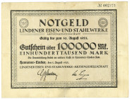 NIEDERSACHSEN, Hannover, Lindener Eisen- und Stahlwerke. 100.000 Mark 03.08.1923.
II-III
Ke.2189a