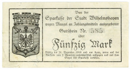NIEDERSACHSEN, Wilhelmshaven, Sparkasse. 50 Mark 7.11.1918, roter Handstempel.
III
Gei.557.01