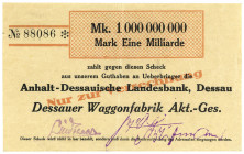 SACHSEN-ANHALT, Dessau, Dessauer Waggonfabrik AG. 1 Milliarde Mark o.D. Scheck auf Anhalt-Dessauische Landesbank. Wz.Sechseckflechtwerk.
II
Ke.988c