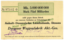 SACHSEN-ANHALT, Dessau, Dessauer Waggonfabrik AG. 5 Milliarde Mark o.D. Scheck auf Anhalt-Dessauische Landesbank. Ohne Wz..
II
Ke.988d