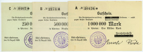SCHLESWIG-HOLSTEIN, Kiel, Kanalnebenkasse. 250.000, 500.000, 1 Million Mark 15.08.1923. 3 Scheine.
I-I-
Ke.2640