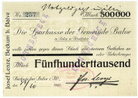 WESTFALEN, Beckum bei Balve, Josef Lenze. 500.000 Mark 31.10.1923, Scheck auf die Sparkasse der Gemeinde Balve.
II
Ke.285c