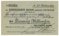 WESTFALEN, Detmold, Deutsche Bank, Zweigstelle Detmold. 20 Milliarden Mark 26.10.1923, Scheck auf Dresdner Bank Geschäftstelle Detmold. Bisher unbekan...