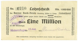 WESTFALEN, Meinerzhagen, Classen & Schröder. 1 Million Mark 25.8.1923, Lohnscheck auf Barmer Bank-Verein.
II+
Ke.3499A
