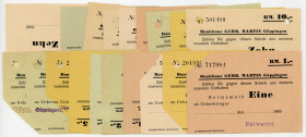 WÜRTTEMBERG, Göppingen, Bankhaus Gebr. Martin. 18 Scheine 1-10 Mark 1945, dabei 8x blanko, 10 mit Aussteller.
I-II
Schö.0311-15