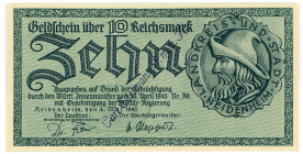 WÜRTTEMBERG, Heidenheim, Landkreis und Stadt. 10 Reichsmark 15.4.1945. Aufdruck: Carl Edelmann GmbH, ohne KN.
I
Schö.0122