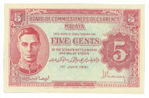 Malaya 5 Cents 1941
P# 7a; UNC