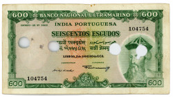 Portuguese India 600 Escudos 1959 Cancelled Note
P# 45; #104754; VF