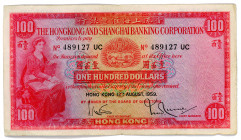 Hong Kong 100 Dollars 1959
P# 183a; #489127 UC; HONG KONG & SHANGHAI BANKING COMPANY, LIMITED; VF