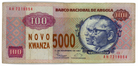 Angola 5000 Novo Kwanza on 100 Kwanzas 1991 ND (old date 11.11.1987)
P# 125; #AH 7219054; VF