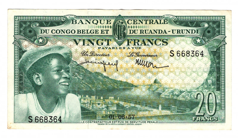 Belgian Congo 20 Francs 1957
P# 31; VF