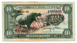 Burundi 10 Francs 1960 - 1964 (ND)
P# 2; #S506666; Overprint: BURUNDI; VF