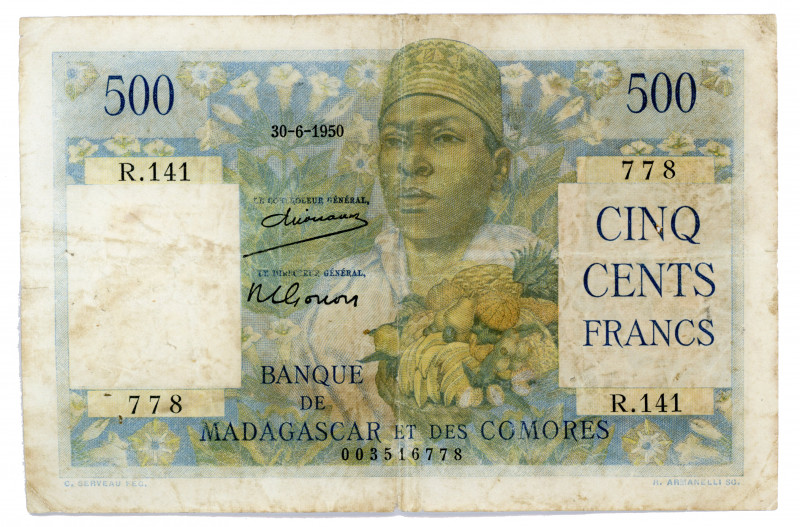 Comoros 500 Francs 1950
P# 4a; #R.141 003516778; BANQUE DE MADAGASCAR ET DES CO...